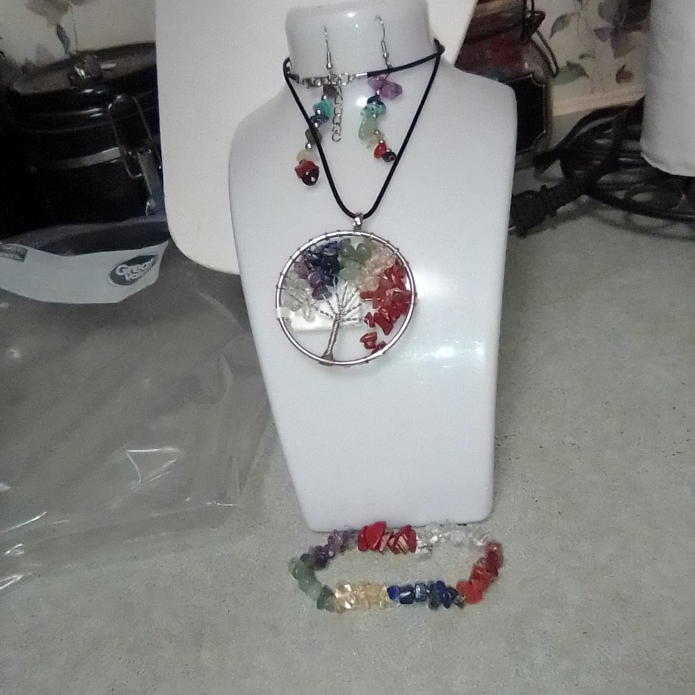 Multicolor Gemstone Tree of Life Necklace and Earring Set